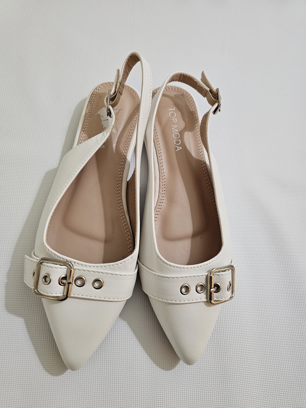 TOP Moda White Pointed Slingback Flats with Silver Buckle